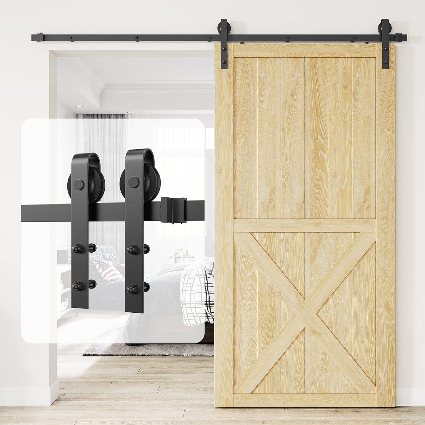 6Ft Heavy Duty Sturdy Sliding Barn Door Hardware Kit Single Door - Smoothly and Quietly - Simple and Easy to Install - Fit 1 3/8-1 3/4" Thickness Door Panel(Black)(J Shape Hangers)