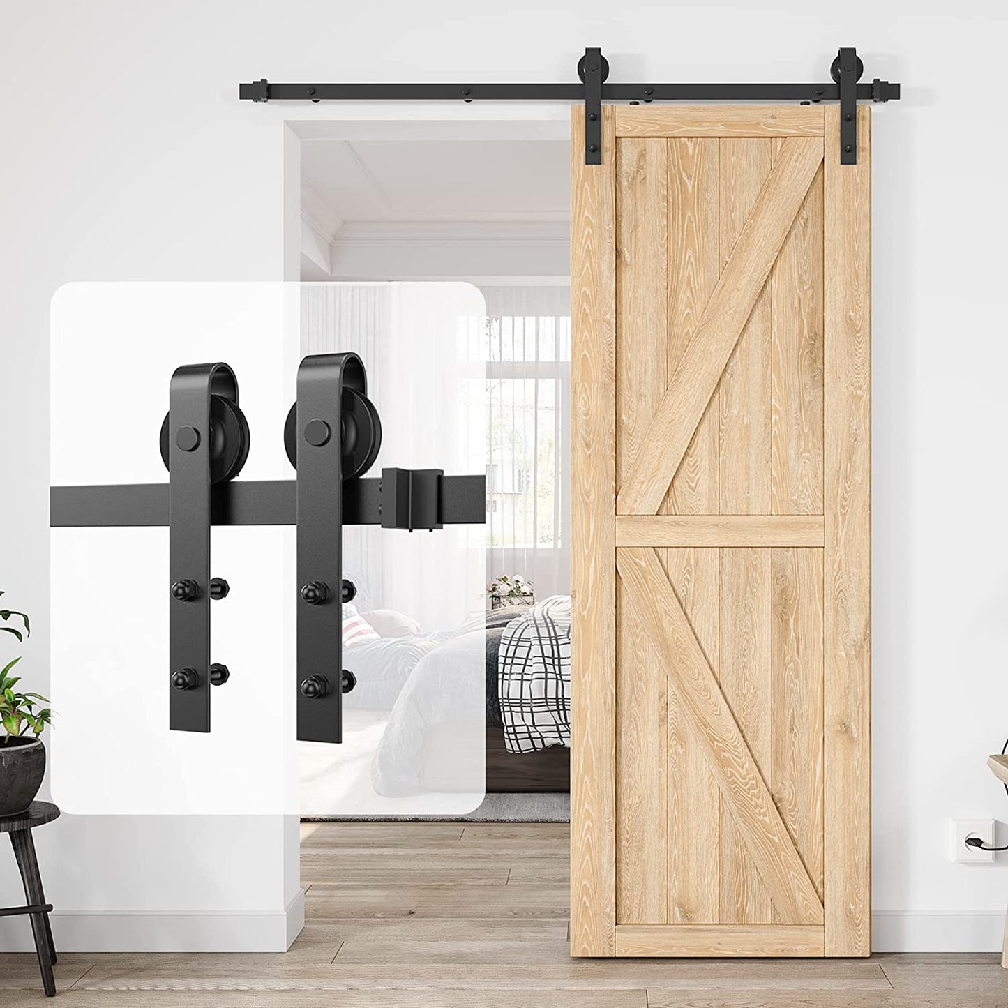 6Ft Heavy Duty Sturdy Sliding Barn Door Hardware Kit Single Door - Smoothly and Quietly - Simple and Easy to Install - Fit 1 3/8-1 3/4" Thickness Door Panel(Black)(J Shape Hangers)