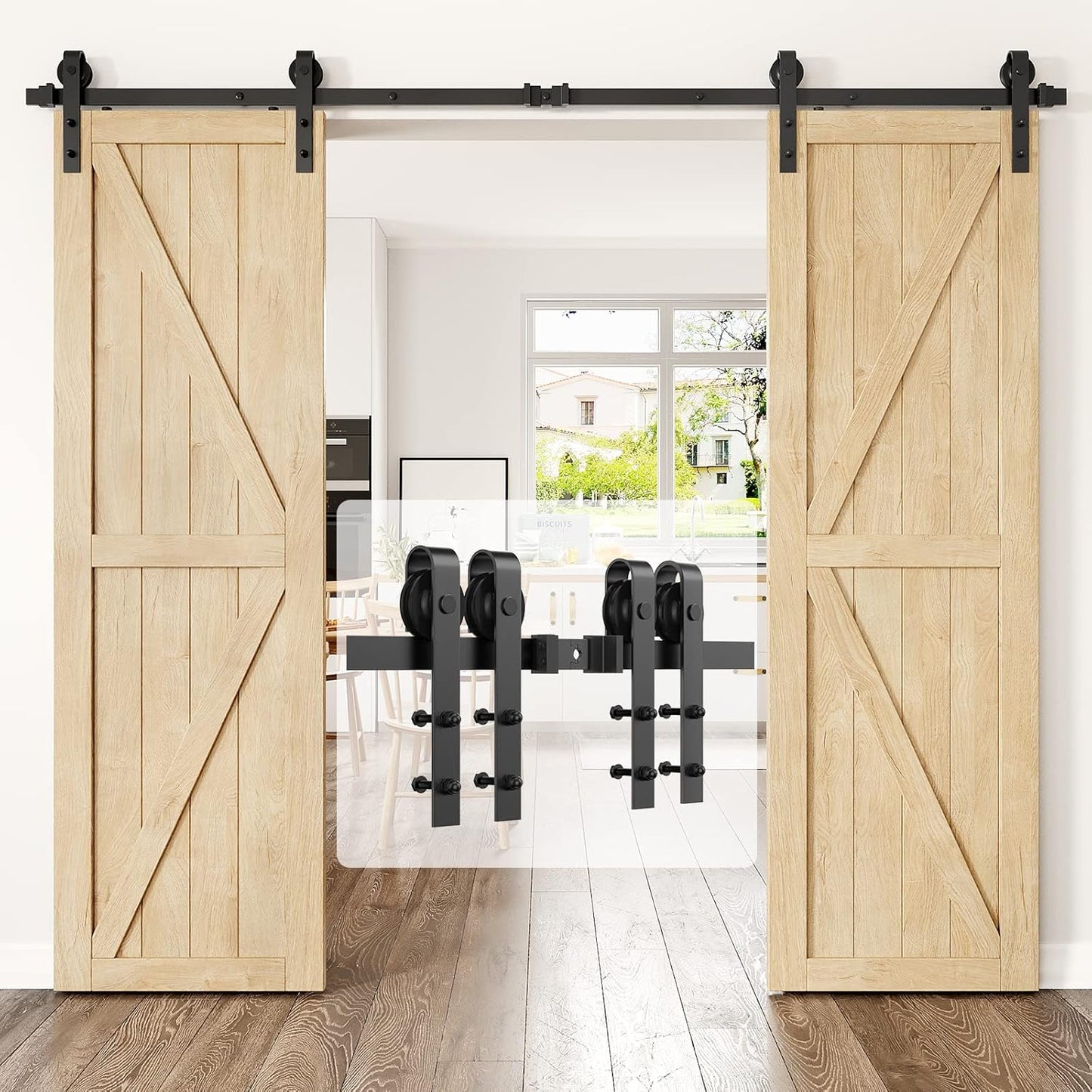 6Ft Heavy Duty Sturdy Sliding Barn Door Hardware Kit Single Door - Smoothly and Quietly - Simple and Easy to Install - Fit 1 3/8-1 3/4" Thickness Door Panel(Black)(J Shape Hangers)