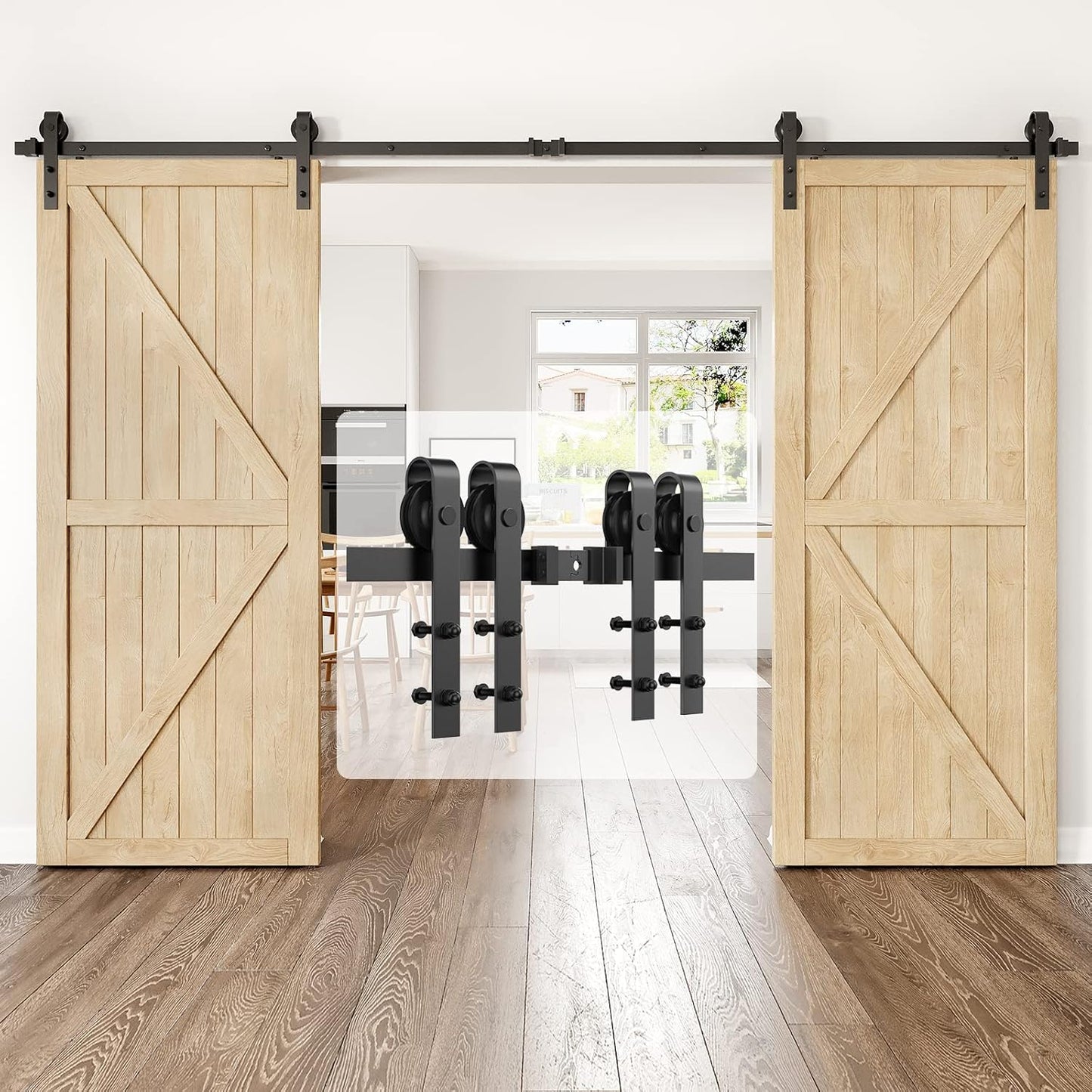 6Ft Heavy Duty Sturdy Sliding Barn Door Hardware Kit Single Door - Smoothly and Quietly - Simple and Easy to Install - Fit 1 3/8-1 3/4" Thickness Door Panel(Black)(J Shape Hangers)