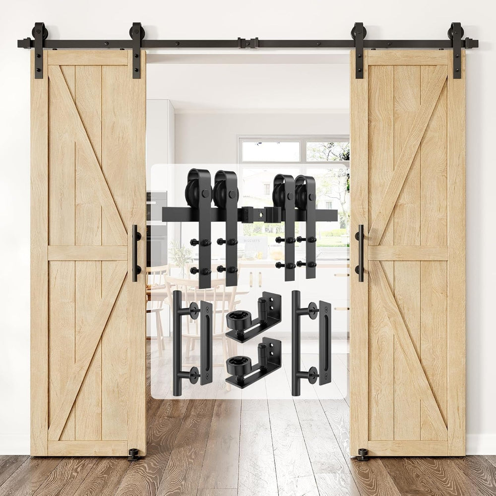 6Ft Heavy Duty Sturdy Sliding Barn Door Hardware Kit Single Door - Smoothly and Quietly - Simple and Easy to Install - Fit 1 3/8-1 3/4" Thickness Door Panel(Black)(J Shape Hangers)
