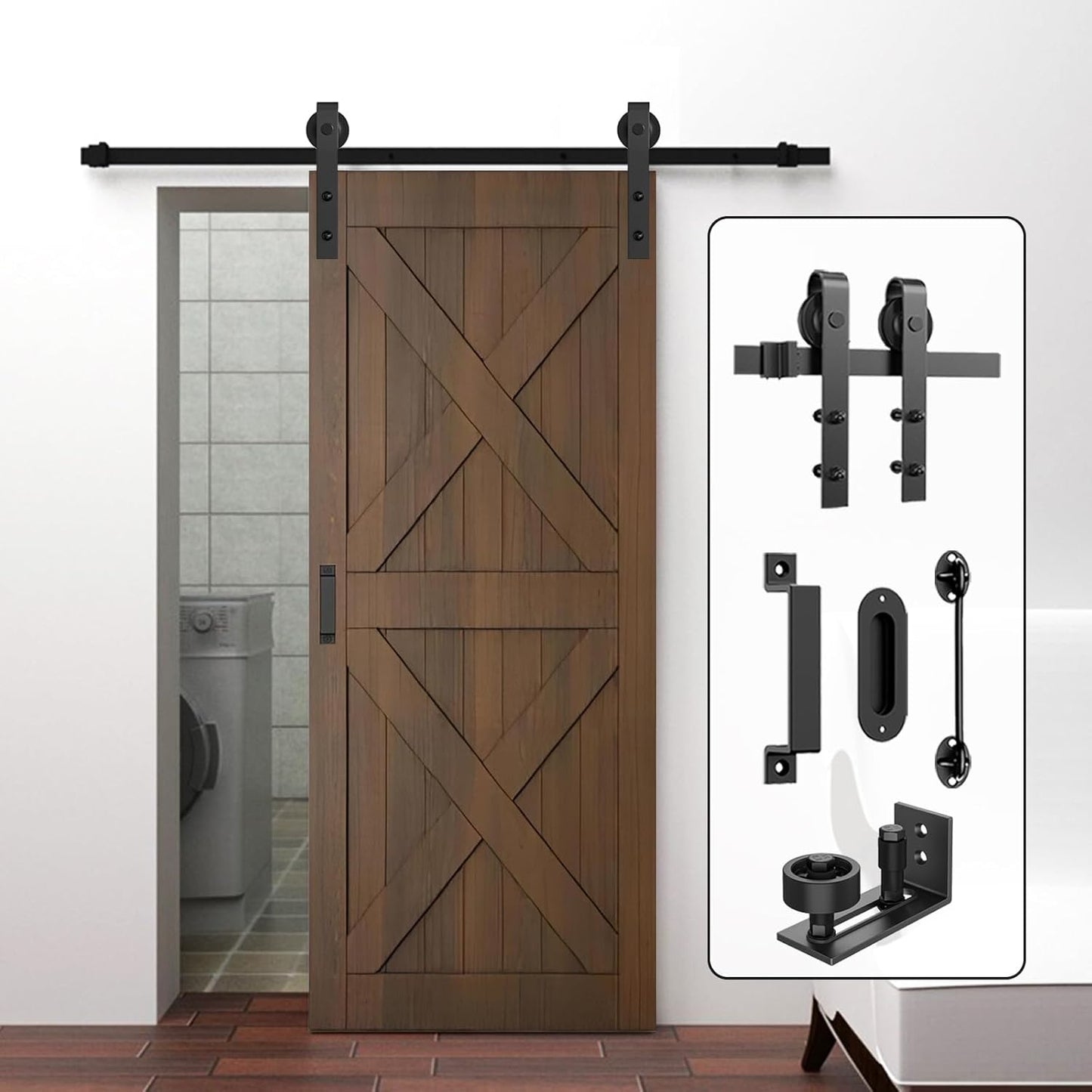 6Ft Heavy Duty Sturdy Sliding Barn Door Hardware Kit Single Door - Smoothly and Quietly - Simple and Easy to Install - Fit 1 3/8-1 3/4" Thickness Door Panel(Black)(J Shape Hangers)