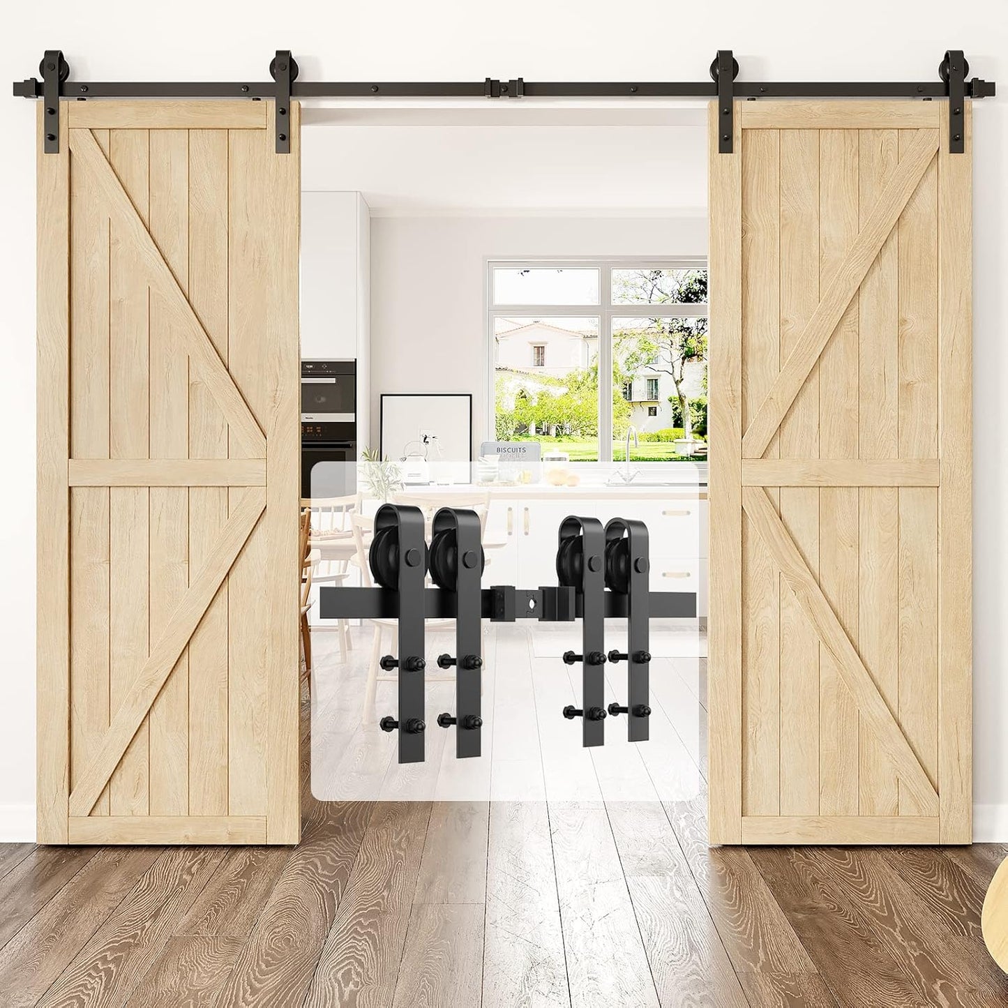 6Ft Heavy Duty Sturdy Sliding Barn Door Hardware Kit Single Door - Smoothly and Quietly - Simple and Easy to Install - Fit 1 3/8-1 3/4" Thickness Door Panel(Black)(J Shape Hangers)
