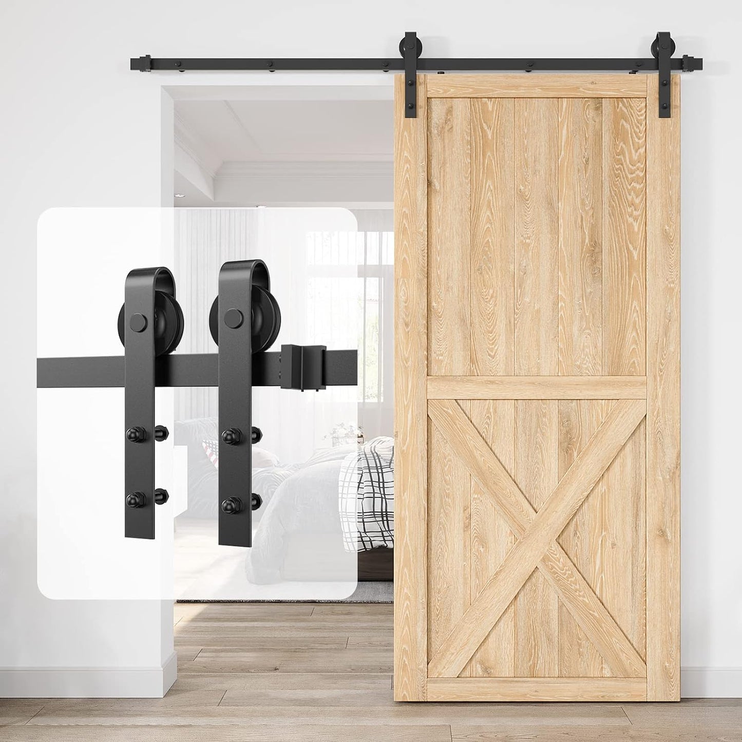 6Ft Heavy Duty Sturdy Sliding Barn Door Hardware Kit Single Door - Smoothly and Quietly - Simple and Easy to Install - Fit 1 3/8-1 3/4" Thickness Door Panel(Black)(J Shape Hangers)